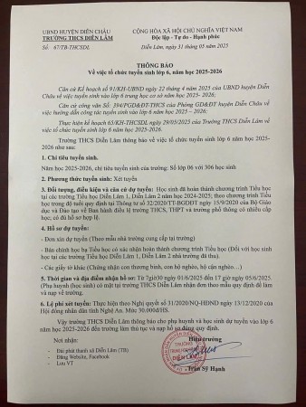 THÔNG BÁO TUYỂN SINH LỚP 6 NĂM HỌC 2025 2026