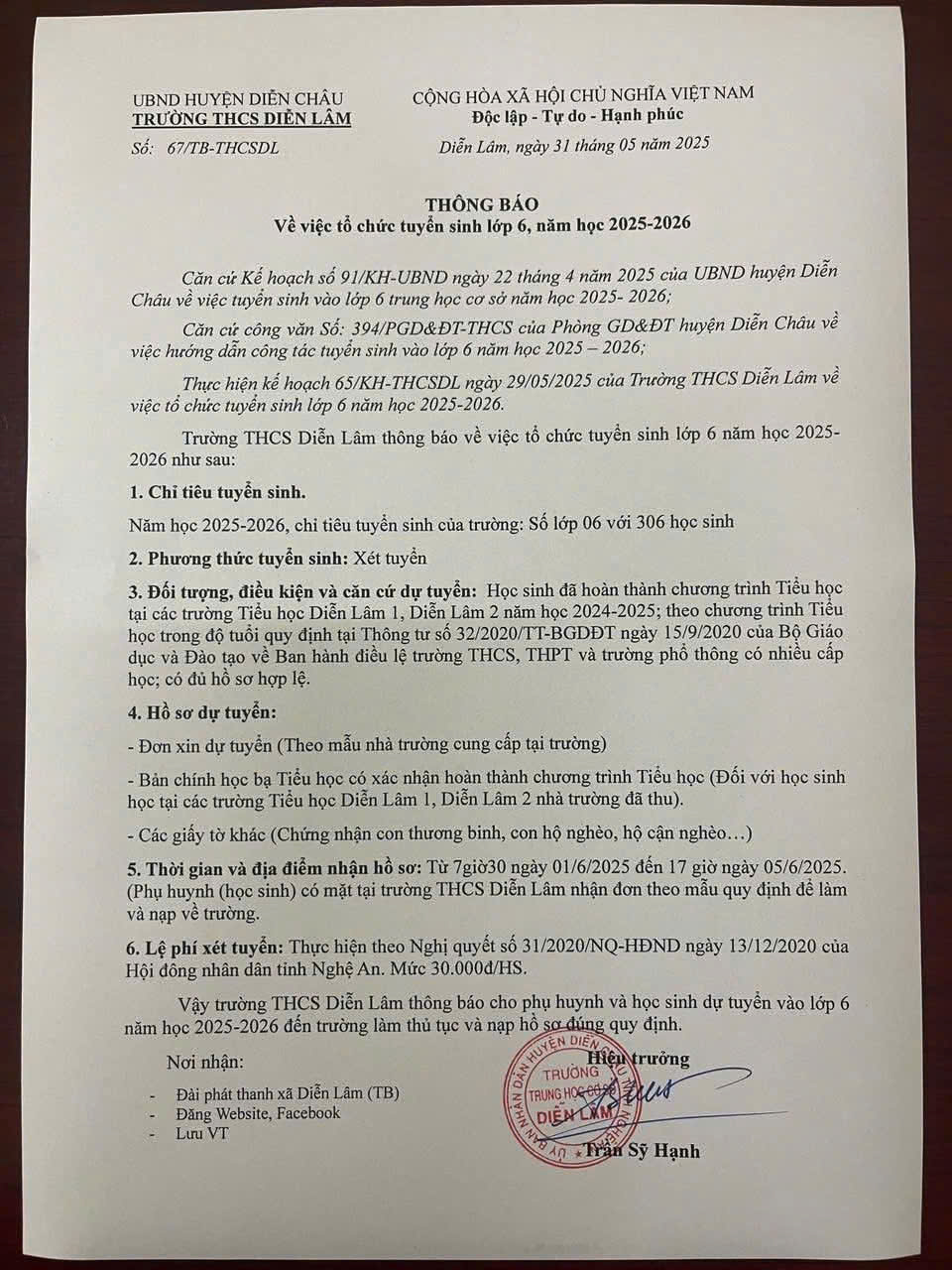 THÔNG BÁO TUYỂN SINH LỚP 6 NĂM HỌC 2025 2026